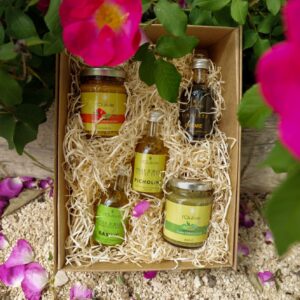 Coffret dégustation du Domaine de l’Oulivie composé d’huile d’olive Picholine, huile au basilic, crème de vinaigre et purées d’olive basilic et poivron.